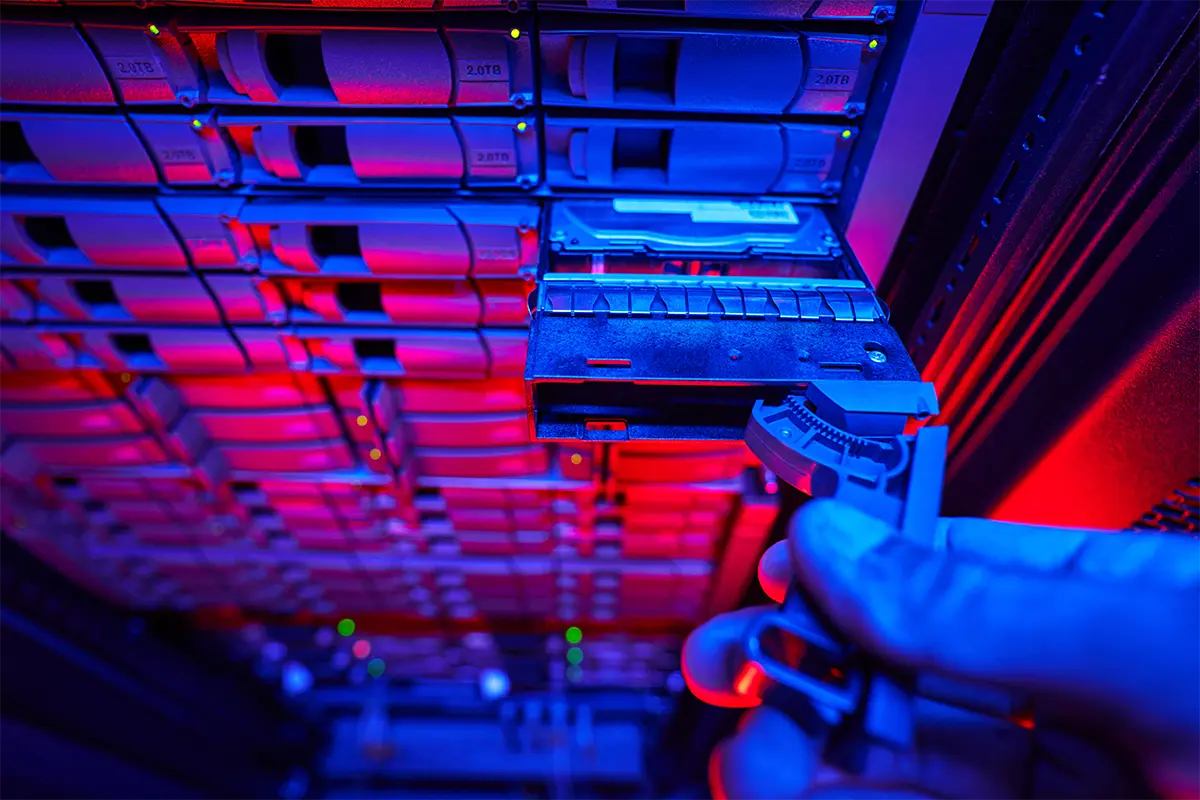 Cropped photo of modern telecommunication equipment in server room